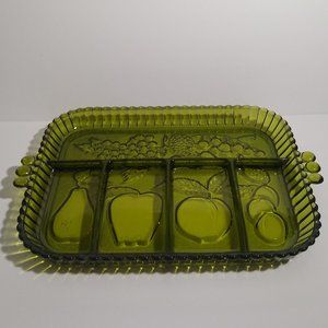 Vintage Avocado Green Glass Vegetable Motif Cracker Tray